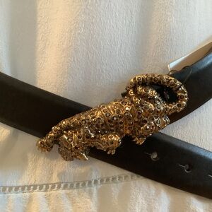 Chico's Black Leather Belt with Gold Jeweled Leopard with stones.